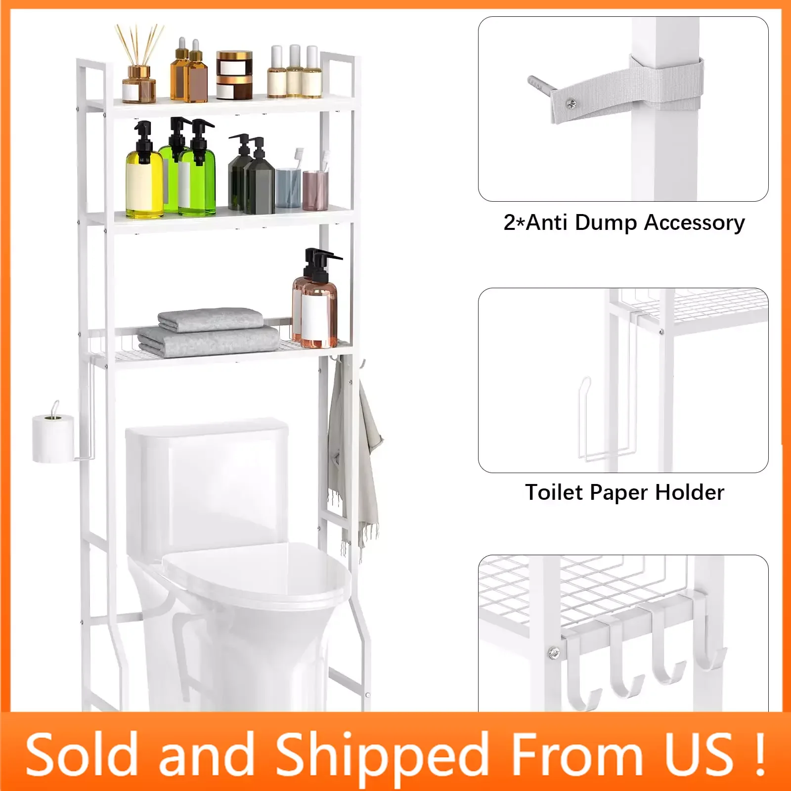 

Over The Toilet Storage, Over Toilet Bathroom Organizer 3 Tier, Bathroom Space Saver with Metal Frame and 4 Hooks, White