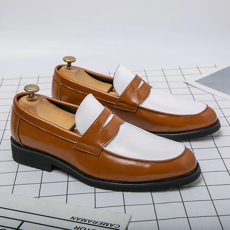 Luxury Brand Black And White Colorblock Loafers Men Slip-On Classic Style Casual Leather Shoes Thick Sole High Quality_vogvips.com