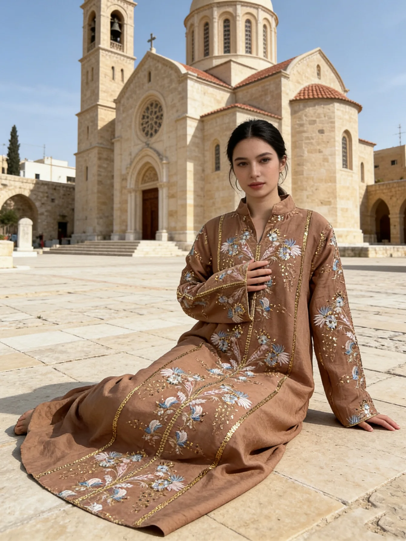 جلابية أخضر زيتي بتطريز زهري فاخر