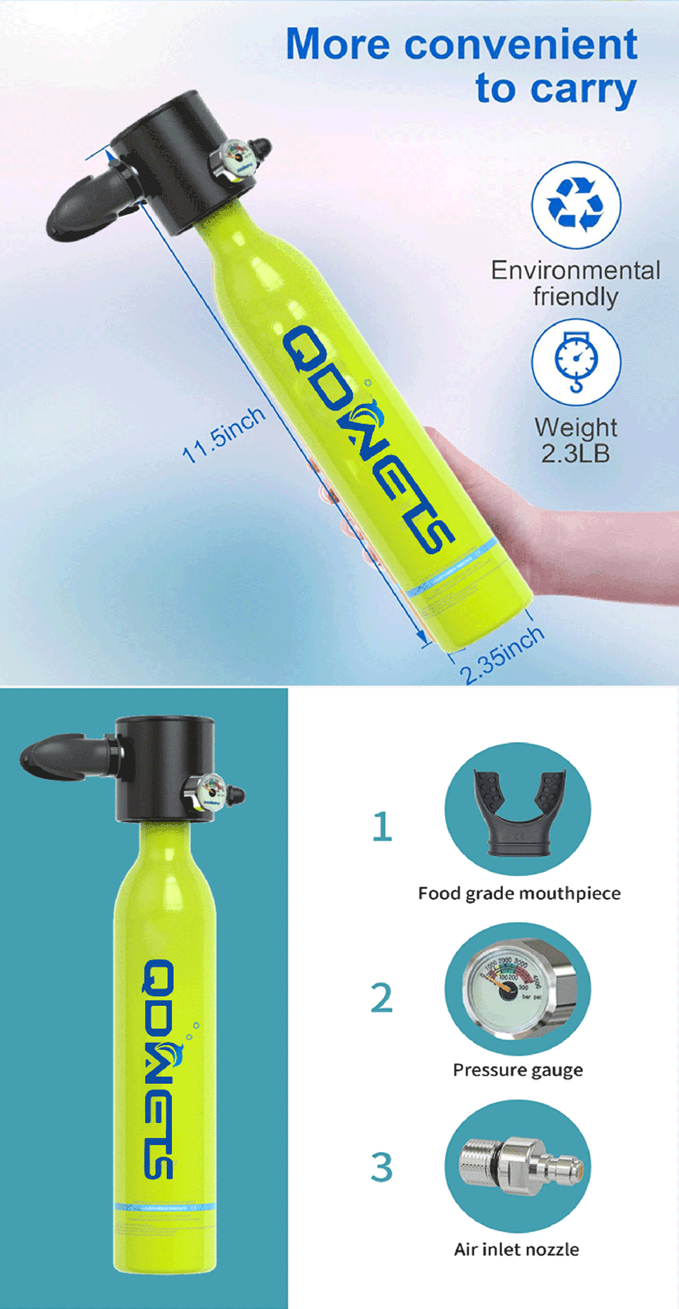 QDWETS S3000 0.5L Mini Scuba Dive Tank, Marked Reusable Scuba Pony