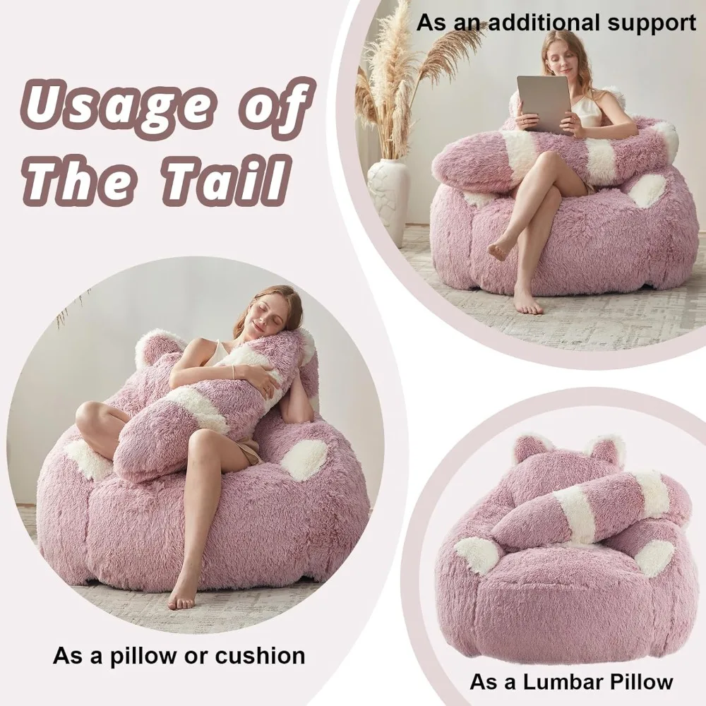 Large Fluffy Raccoon Bean Bag Chair with Filler, Faux Fur Sofa for Adults Kids Reading Sleeping