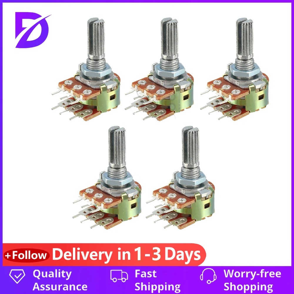 5PCS/Lot 1K 2K 10K 20K 100K 250K 1M Ohm Variable Resistors Dual Linear 6 Pin Rotary Carbon Film