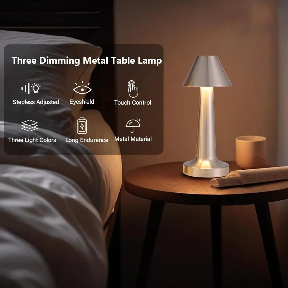 침대 옆 테이블 LED 야간 조명, USB 충전식 램프, 레트로 금속 터치 야간 조명, 거실 식당 책상 침실 장식