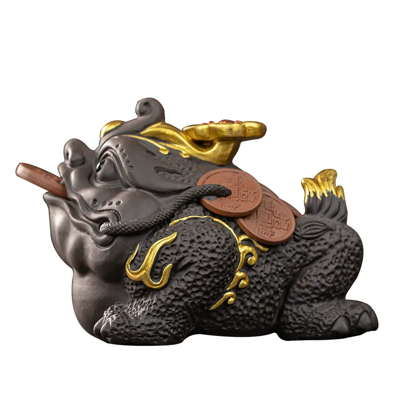 Fortune Golden Frog Toad Tea Pet, High-End Yixing Zisha Clay Raiseable Money Toad Figurine for Wealth & Prosperity, Tea Table De