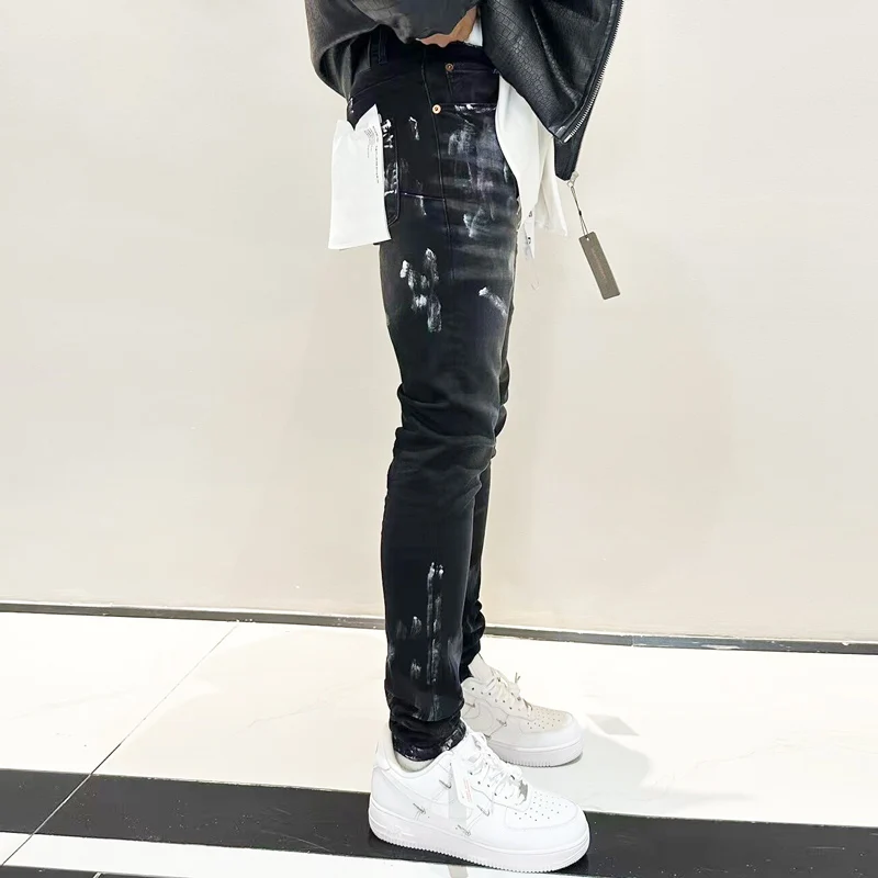 High Street Fashion Men's Jeans Vintage Black Elastic Tight Split Jeans Men's Patch Designer Hip Hop Brand Casual Pants Hom