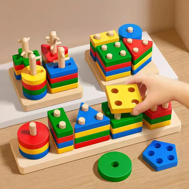צעצועי קוביות עץ מונטסורי לילדים בצורת גיאומטריה מיון צבעים פאזלים קטנים למיון מתמטיקה קוביות ערימה 1