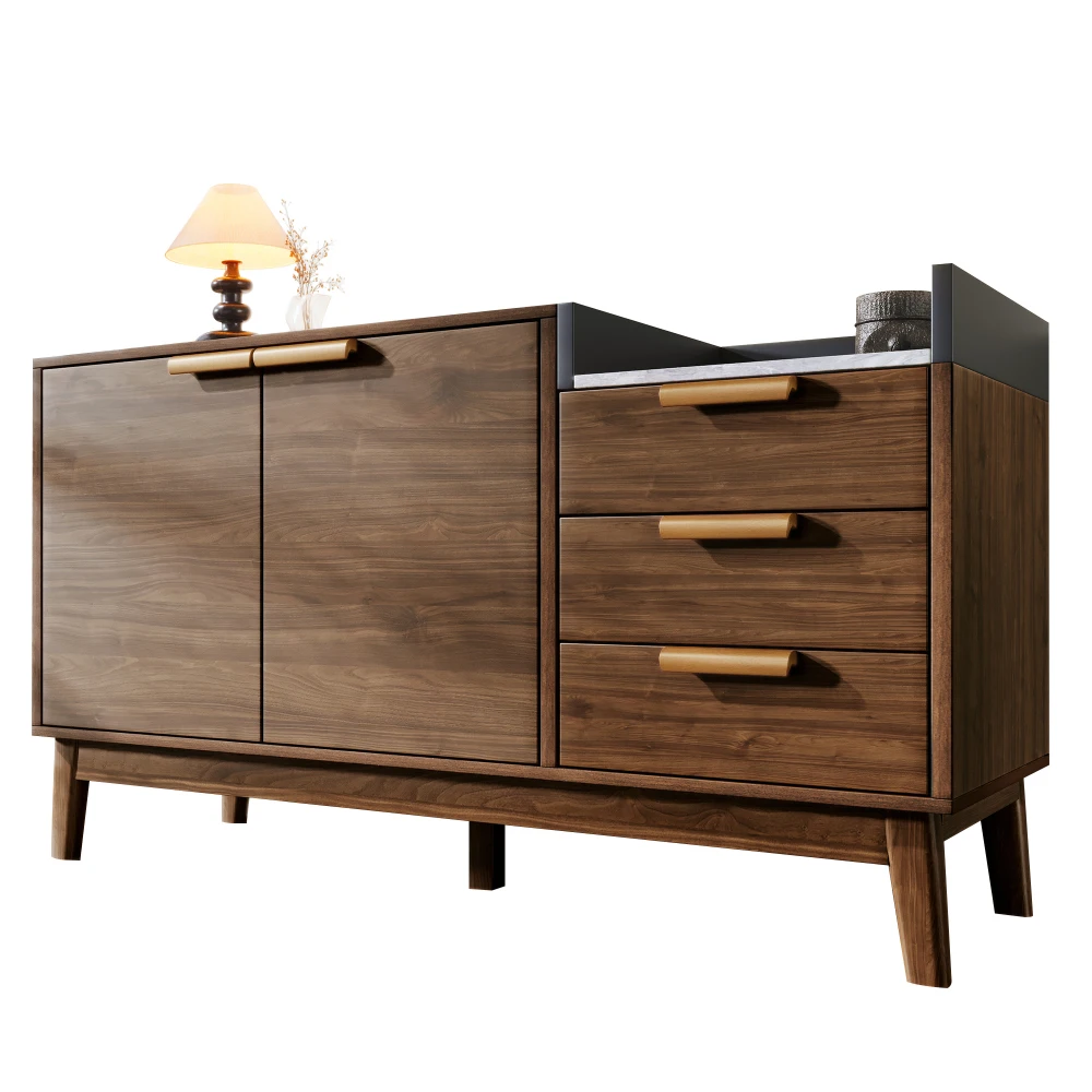 Wohnzimmerkommode mit Eichenholz-Dekor – mit Marmoroptikplatte, offenem Regal + 3 Schubladen und Doppeltürschrank, Beine aus massivem Holz – Detail 18