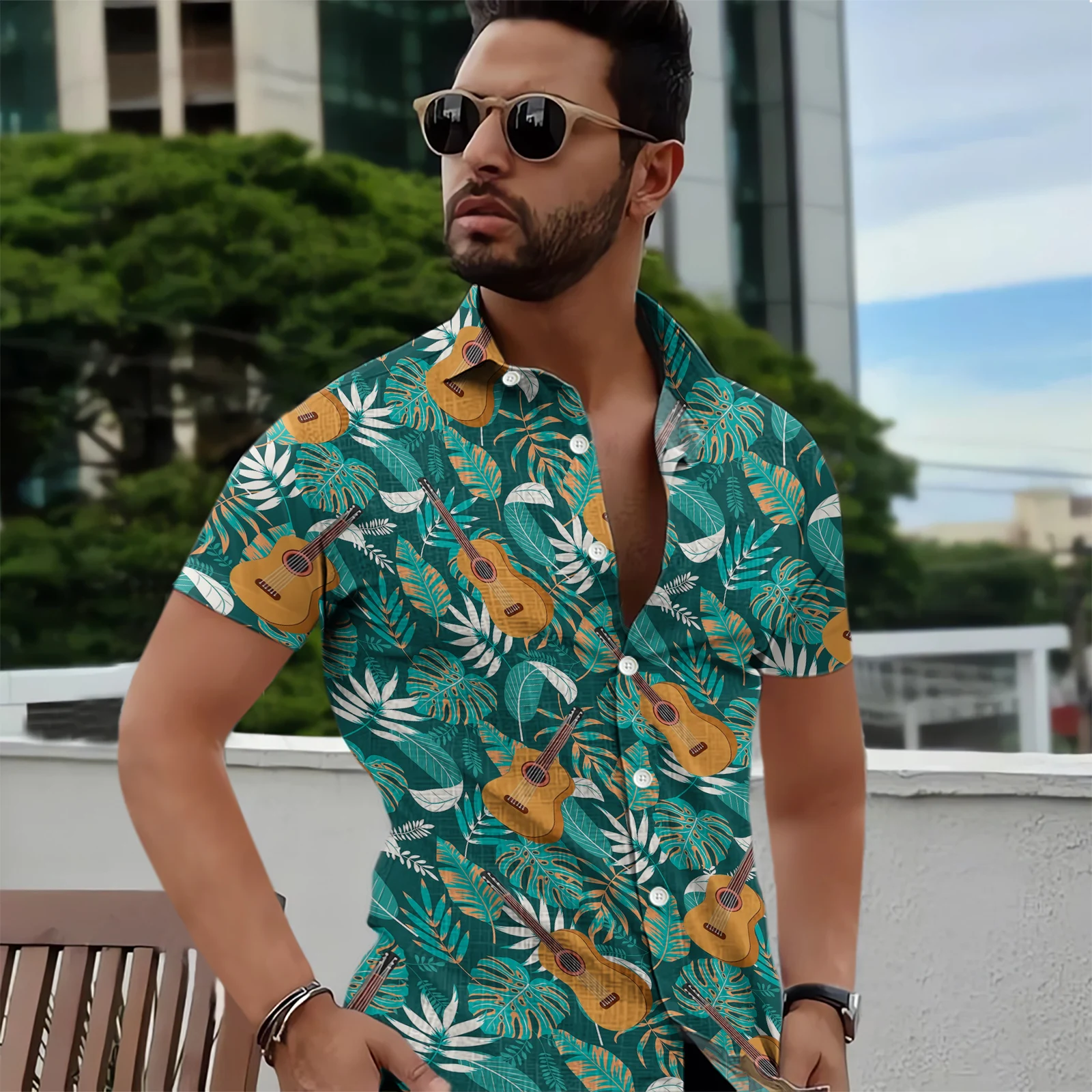 

CLOOCL Hawaiian Shirt Guitar Pattern Print Short Sleeve Casual Button Shirt Male Clothes for Summer Vacation Beach