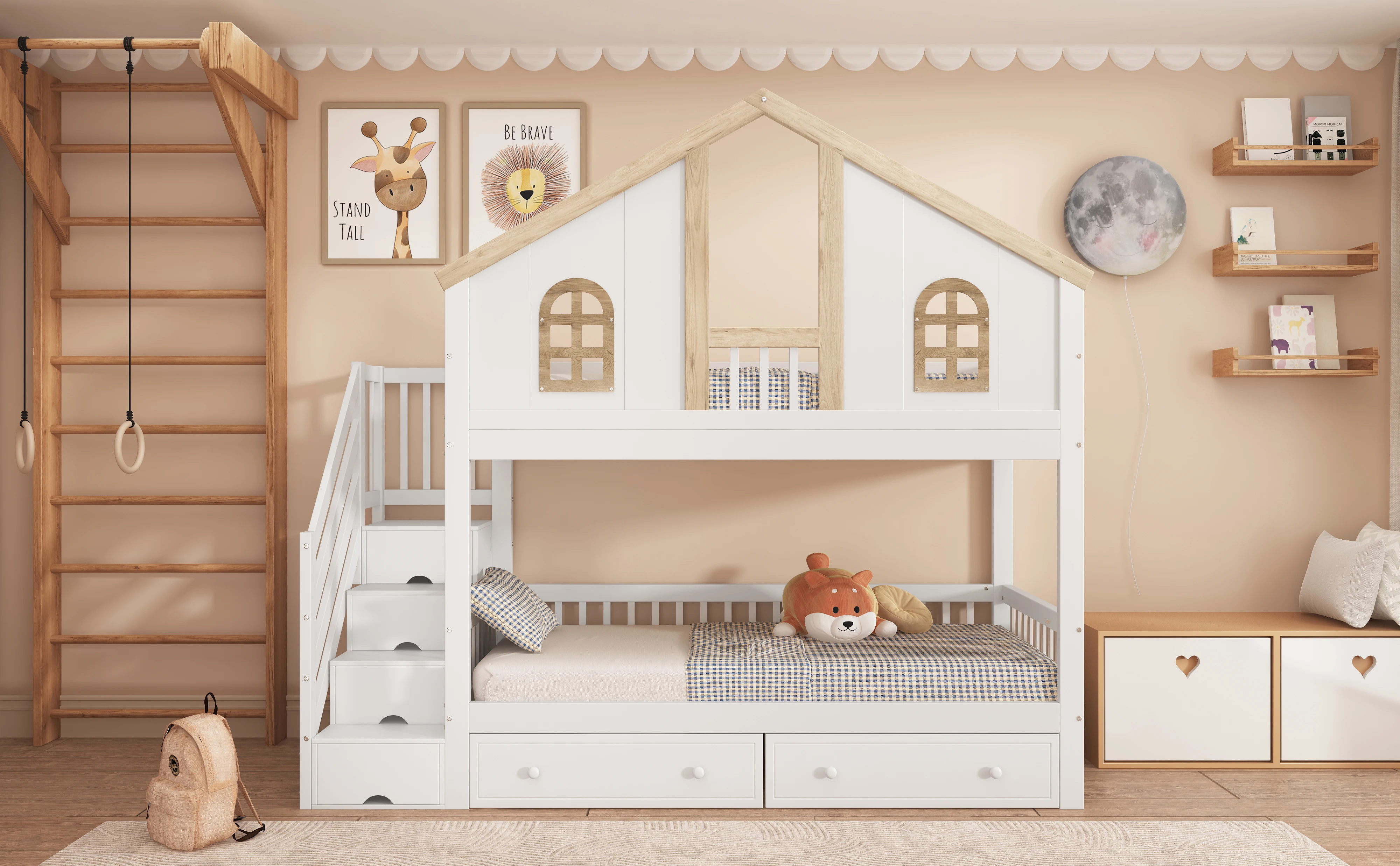PINGGO Kinder-Etagenbett mit Fallschirmgitter-Fenster, Rollschubladen, Aufbewahrungstreppe, Kiefer MDF, Weiß Natur, 90x200cm, ohne Matratze – Detail 1