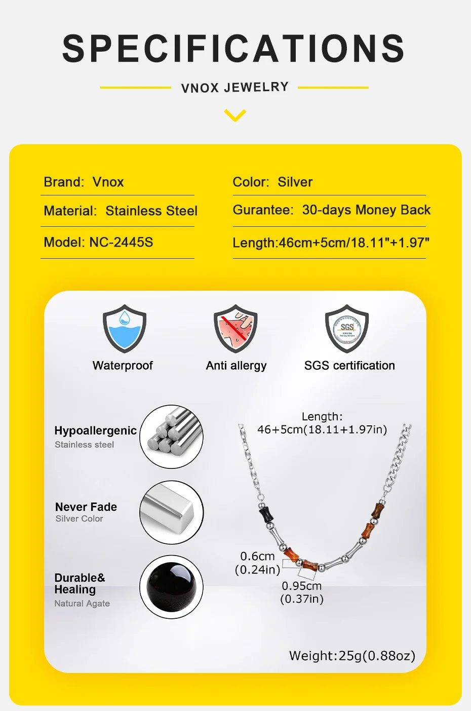 Vnox 46–51 cm verstellbare Stahl-Bambus-Halskette mit Karabinerverschluss, natürliche Achatperlen, minimalistischer Schmuck, Geschenk für Männer und Frauen – Detail 4