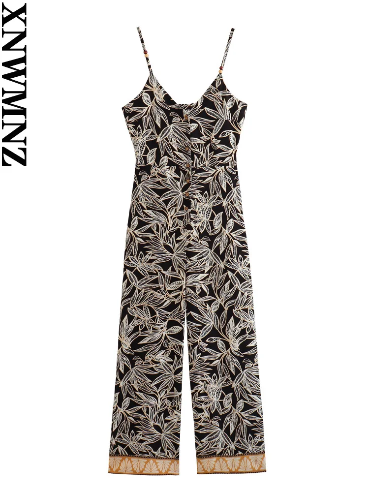 

XNWMNZ Women Fashion Printed Straight Jumpsuit Vacation Style V-neck Thin Straps Beaded Applique Front Button Female Jumpsuit