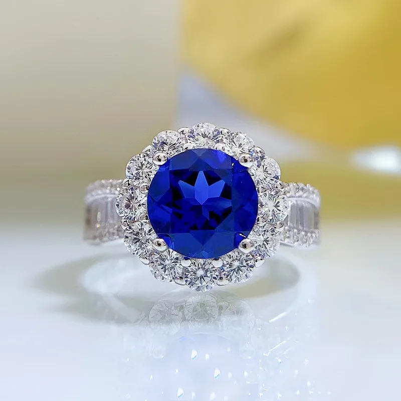 Spring Qiaoer Luxury 100% 925 Sterling Silver 8Mm Sapphire High Carbon Diamonds Gemstone Anello Placcato Oro 18 Carati Gioielleria Raffinata