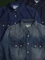 Amekaji Vintage Style Western Cowboy Denim Shirt Workwear Casual Long Sleeve Top for Men