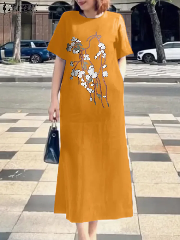 

Женское повседневное свободное платье-миди ZANZEA, модное однотонное платье с коротким рукавом и цветочной вышивкой, лето 2024