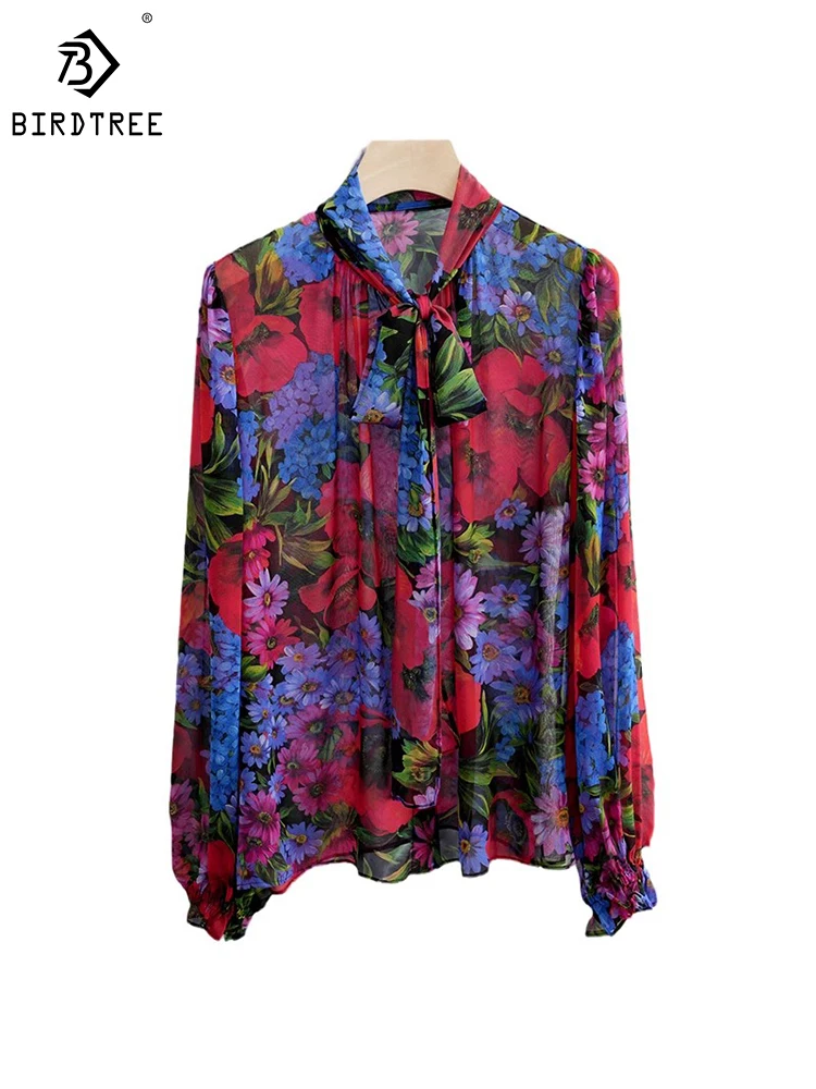 

Birdtree French Print Ribbon 100%Mulberry Silk 16MM Shirt 2023 Spring/Autumn Women's Long Sleeve Bow Top T38104QD
