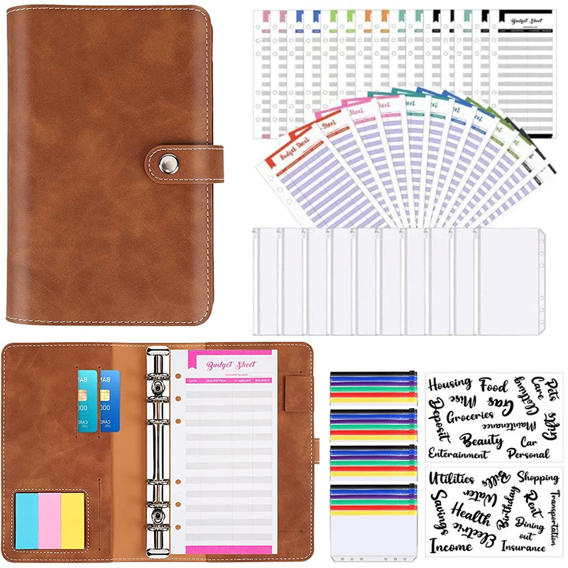PU Leather Notebook A6 Binder DIY Planner Organizer 8 Zipper Pockets 12Pcs Budget Sheet 2Pcs French Alphabet Stickers