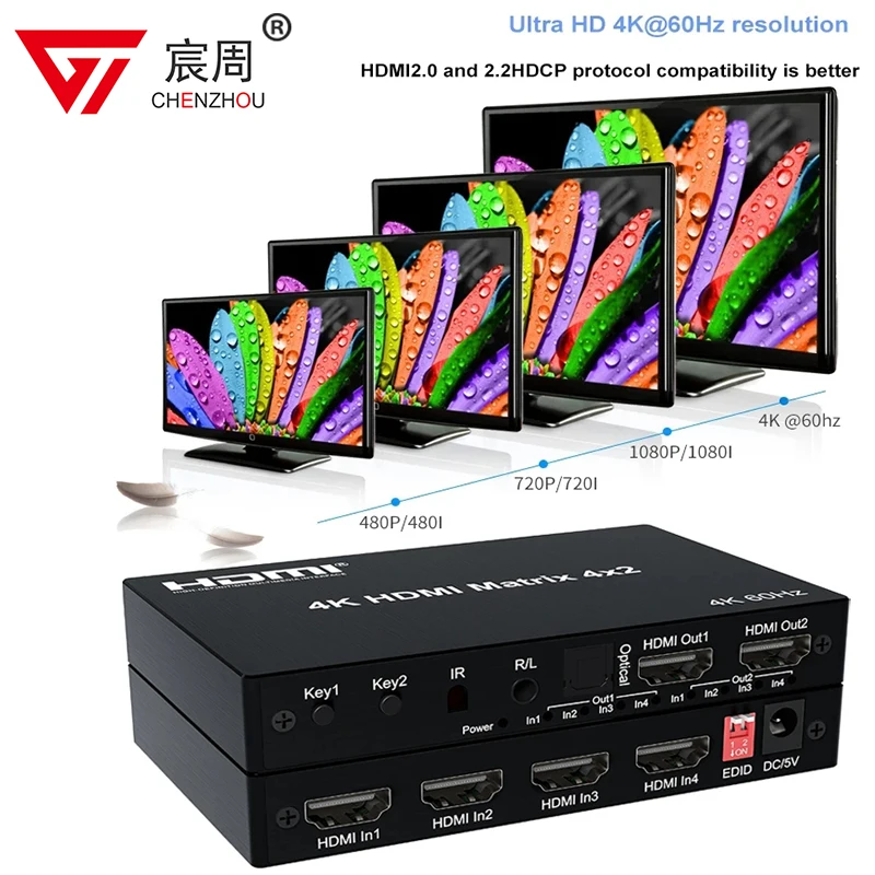 Матричный HDMI-переключатель 4K 60 Гц, Матрица 2x4 4x2, HDMI-переключатель, сплиттер 2 в 4 выхода с R/L аудио экстрактором, видео-и аудиопереключатель, конвертер