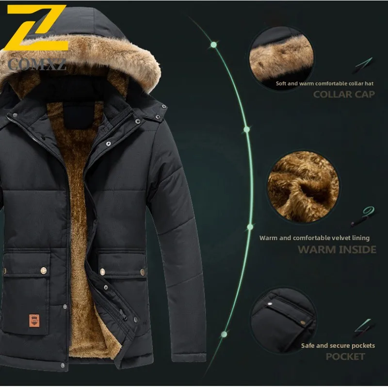 Men Winter Hooded Windbreaker with Fur Trim Thickened Fleece Lining Waterproof Windproof Loose Fit Thermal Coat Outdoor Jacket