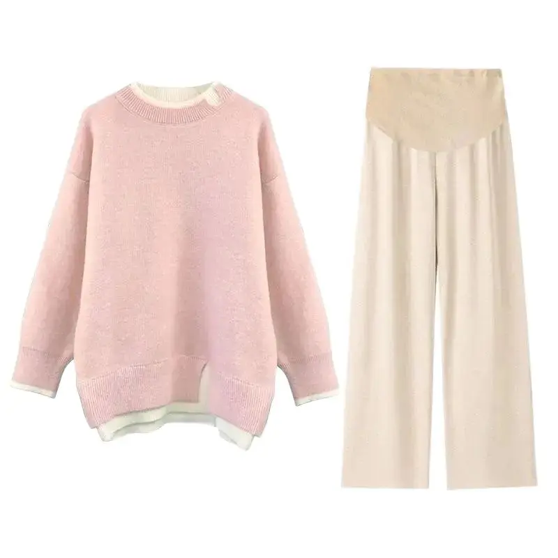

2023 Winter Fashion Maternity Sweater Long Sleeve Pink Patchwork Faux Two Pieces Knitting Pullovers Pregnant Woman Jackets Tops