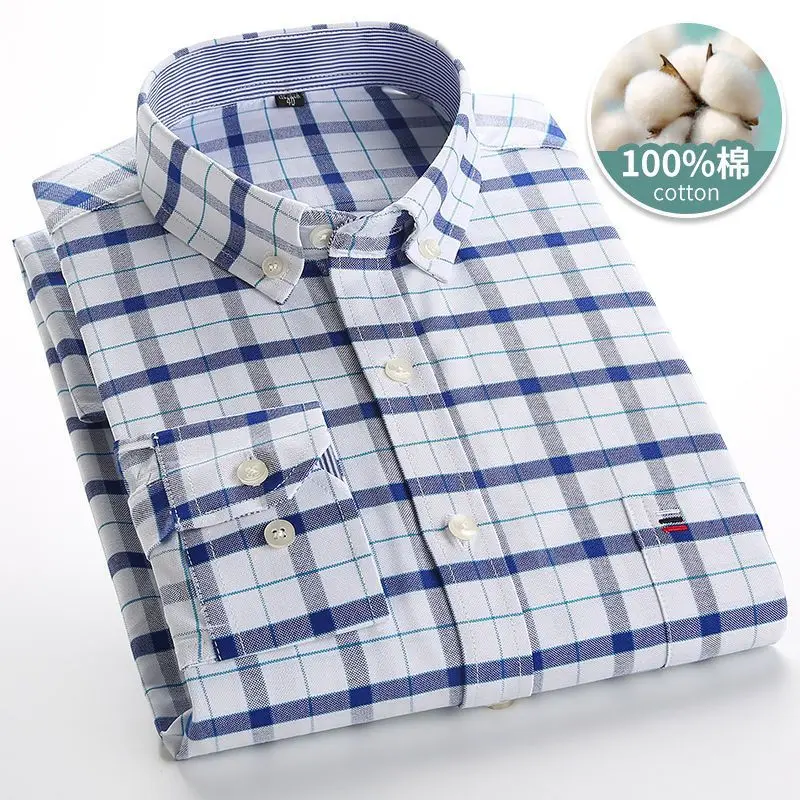 Men's Oxford cotton shirt with plaid stripes, long sleeved pockets, casual shirt, regular style, button up shirt size S~7XL