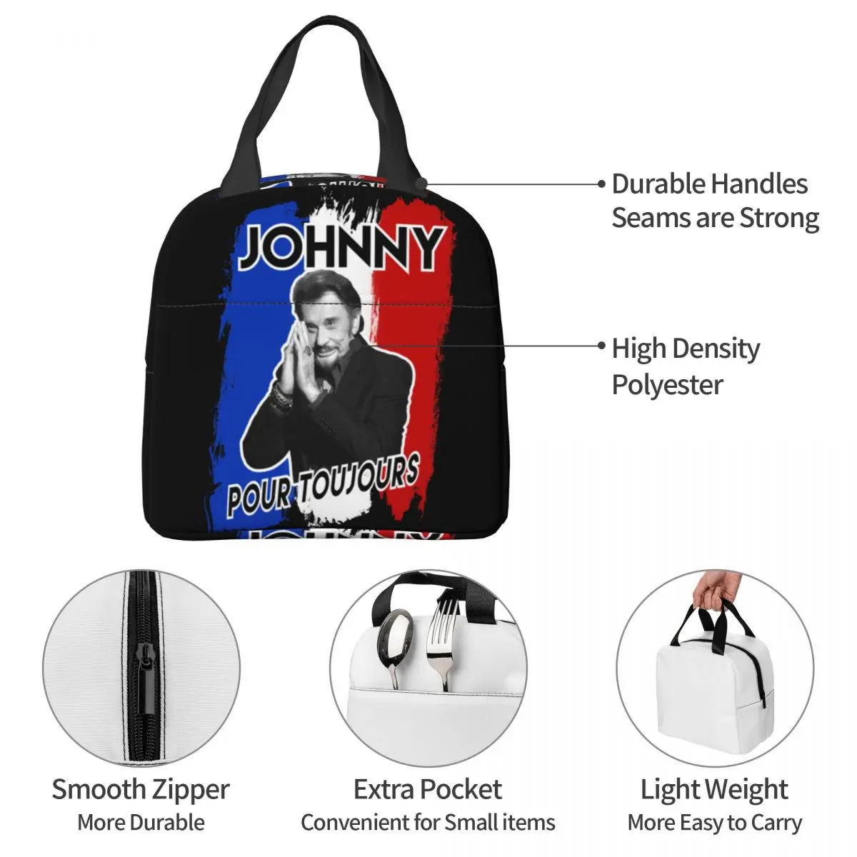 Johnny Hallyday Forever Lunch Bag Portable Insulated Canvas Cooler Bags Rock Music Thermal Picnic Tote for Women Children