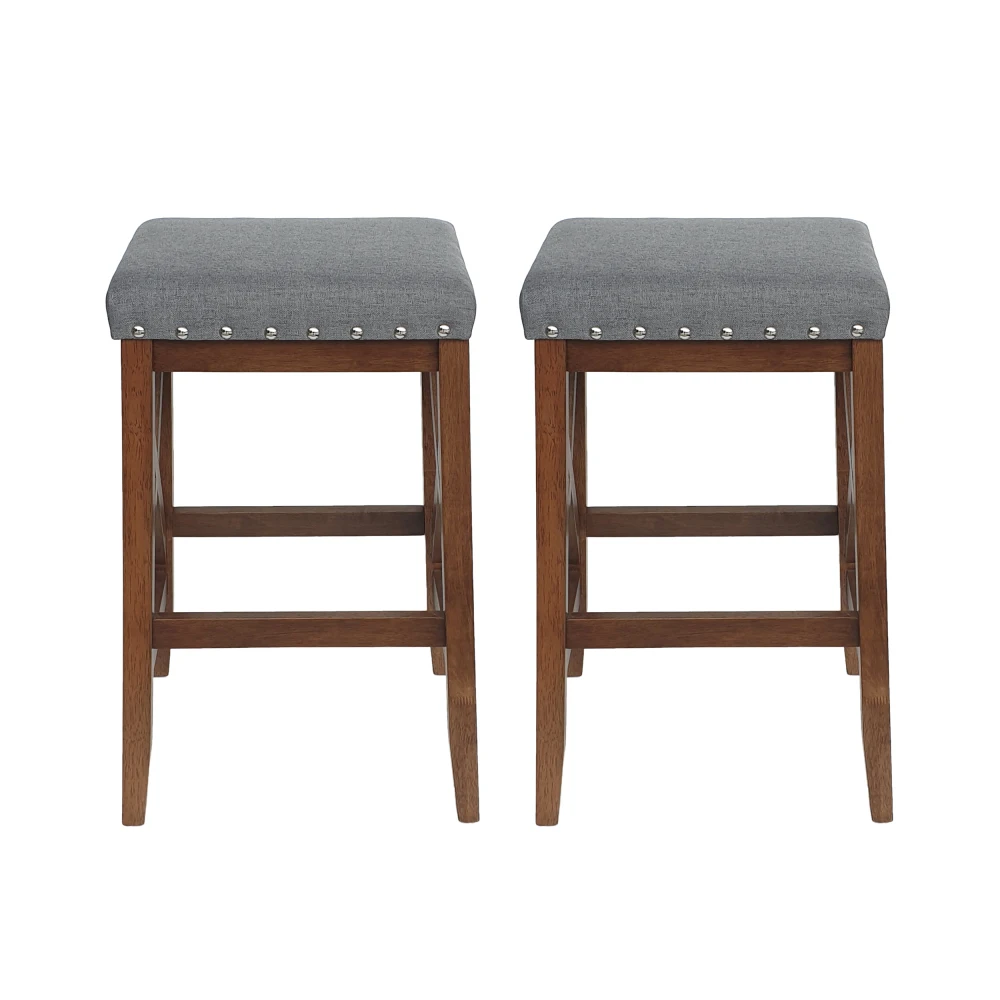 Inspired Gray Fabric - Topped Bar Stool Saddle Barstool with X - Shaped Wooden Frame, Measuring 29.60''×16.00''×19.75'' 2