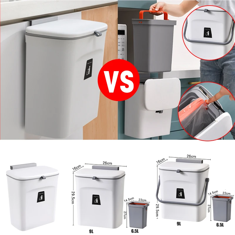 

7/9L Wall Mounted Trash Can With Lid Waste Bin Kitchen Cabinet Door Hanging Trash Bin Garbage Car Recycle Dustbin Rubbish Can
