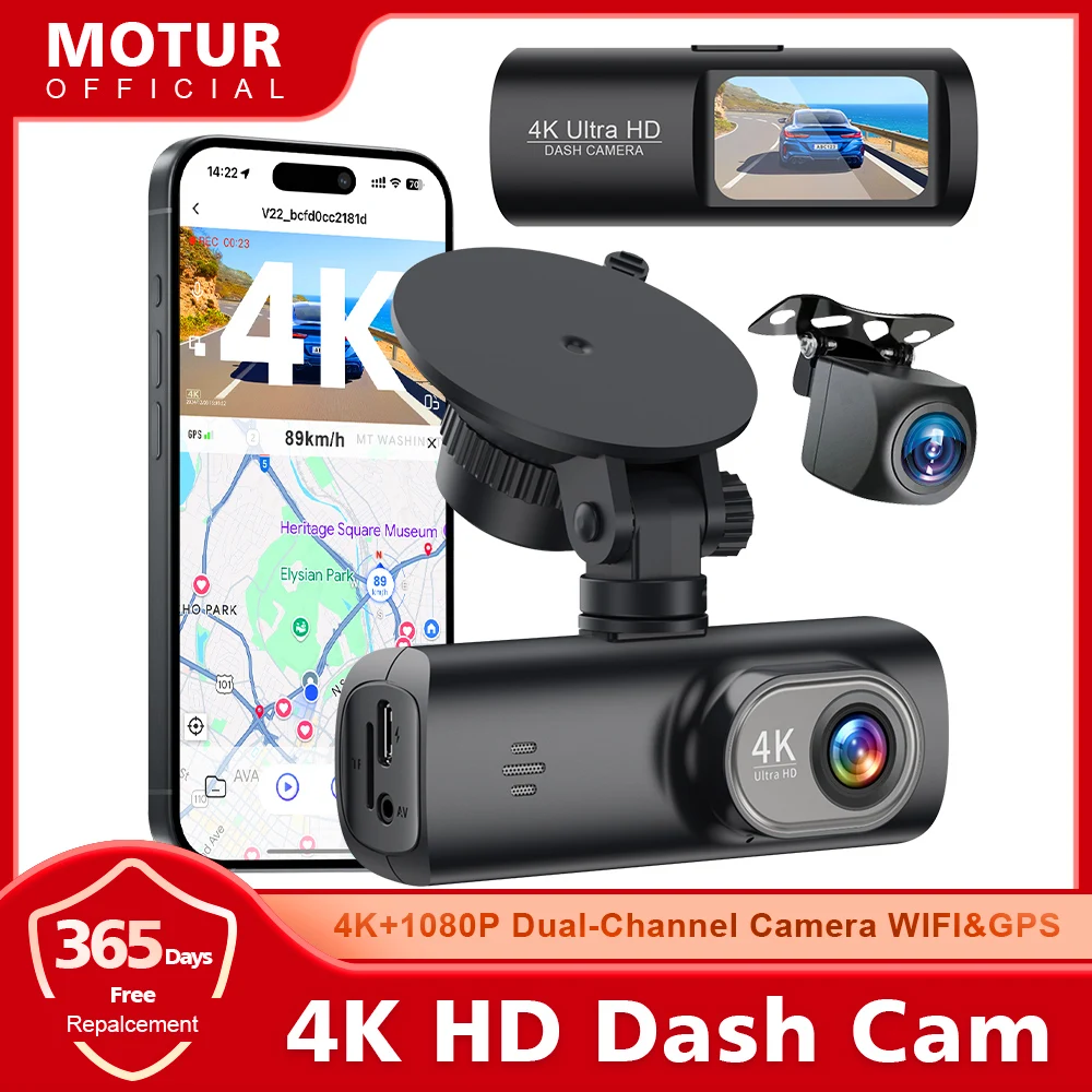 Motur 4K UHD Dash Cam WIFI GPS Car DVR Front and Rear Dual Lens Auto Car Recorder with Night Vision G-Sensor 24H Parking Monitor