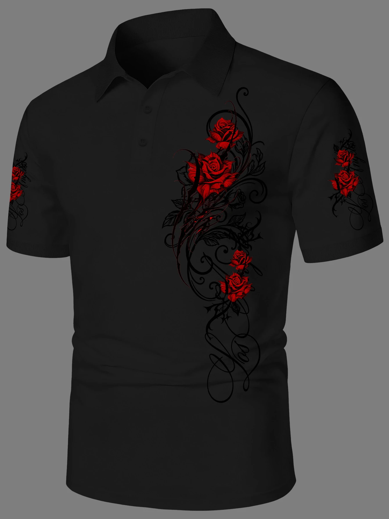 Lässiges Herren-Poloshirt mit kurzen Ärmeln und romantischem Rosenmuster