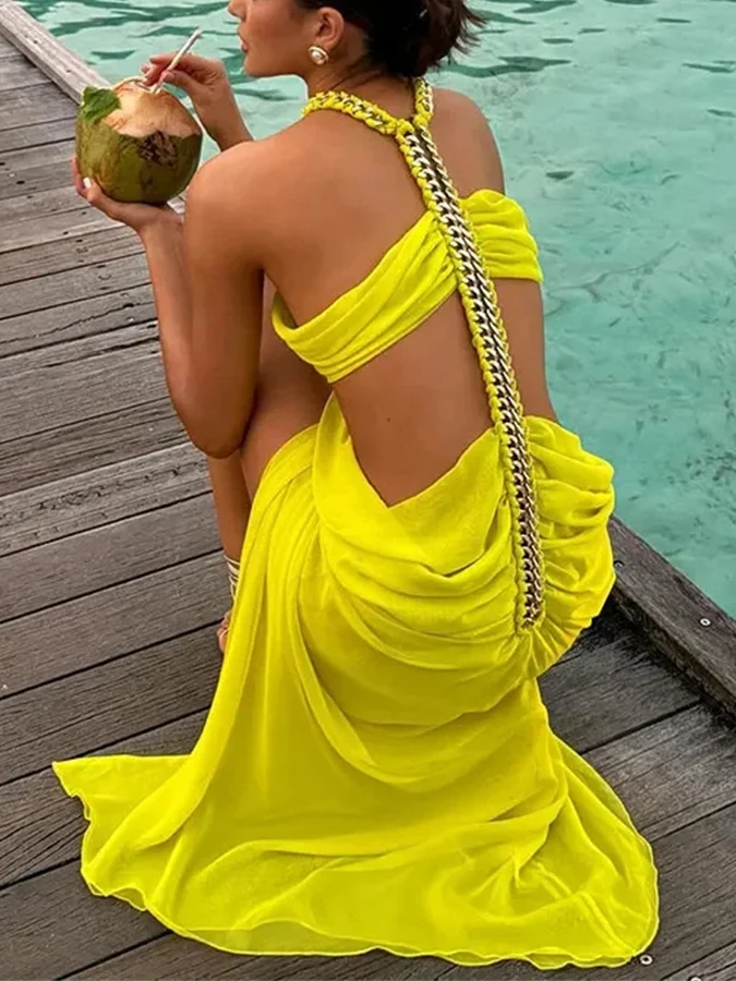 Yellow Halter Neck Backless Beach Dress 2024 Solid Color Splicing Waist Skirt Luxury Women's Design Push-Up Beach Party Swimsuit