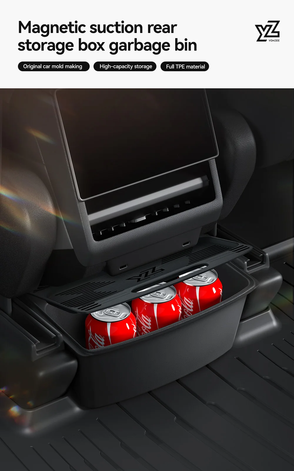 YZ Für Tesla Modell 3 Y Highland Juniper 2025, Rücksitz-Aufbewahrungsbox, Organizer, Mittelkonsolenbehälter, Rücksitz, Mülleimer, Müllsack – Detail 1