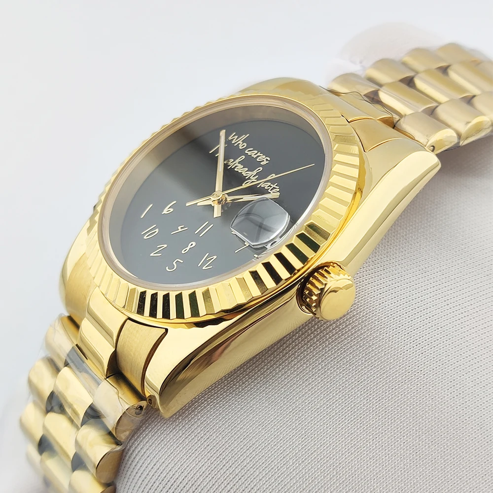 Gold Men Watch Who cares i'm already late Watch No gold Text Sapphire Glass Stainless Steel nh35 Movement Waterproof