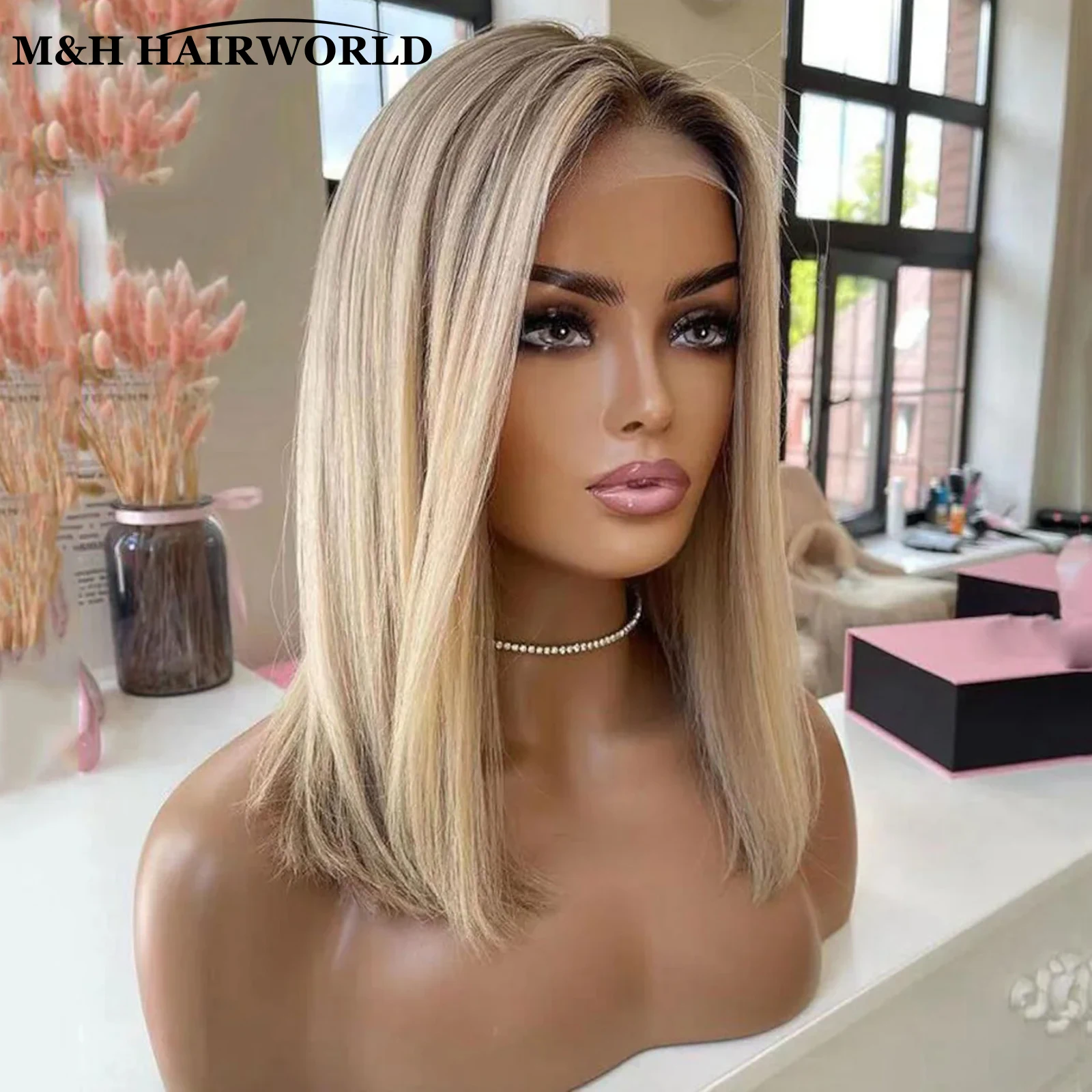 Perruque Bob Lace Front Wig synthétique 13x3, cheveux courts et lisses, blond ombré, à reflets, sans colle, pour femmes