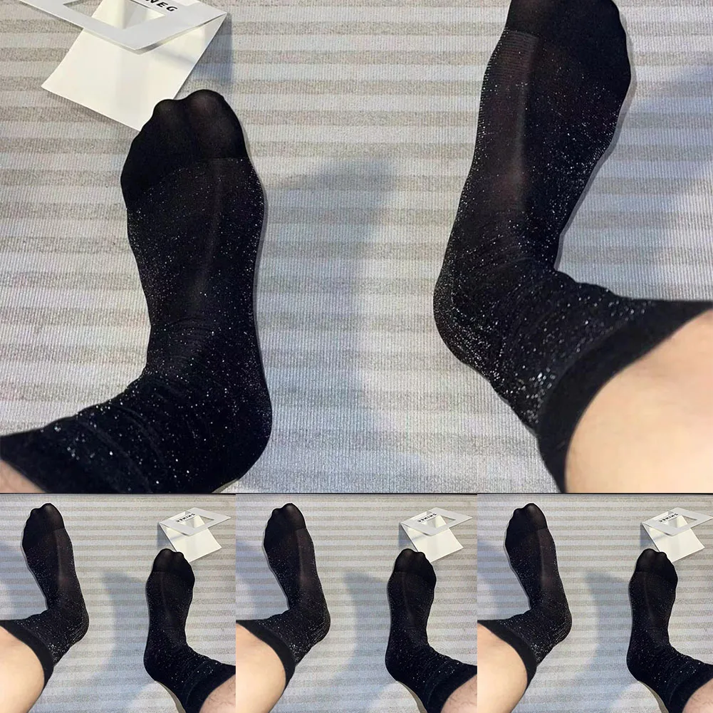 1 Pair Men\'s Sexy Shiny Silky Sock See Through Breathable Casual Stockings Man Business Dress Middle Tube Socks
