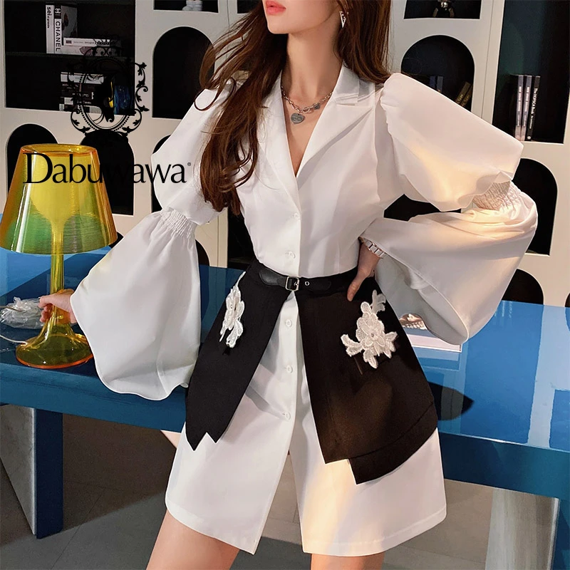 formal pant suits Dabuwawa Office 2 Pcs Mini Skirts Suit Women Long Sleeves Shirt Dresses Sets Pocket Sash Two Pieces Sets Female DF1ADR004 elegant pant suits