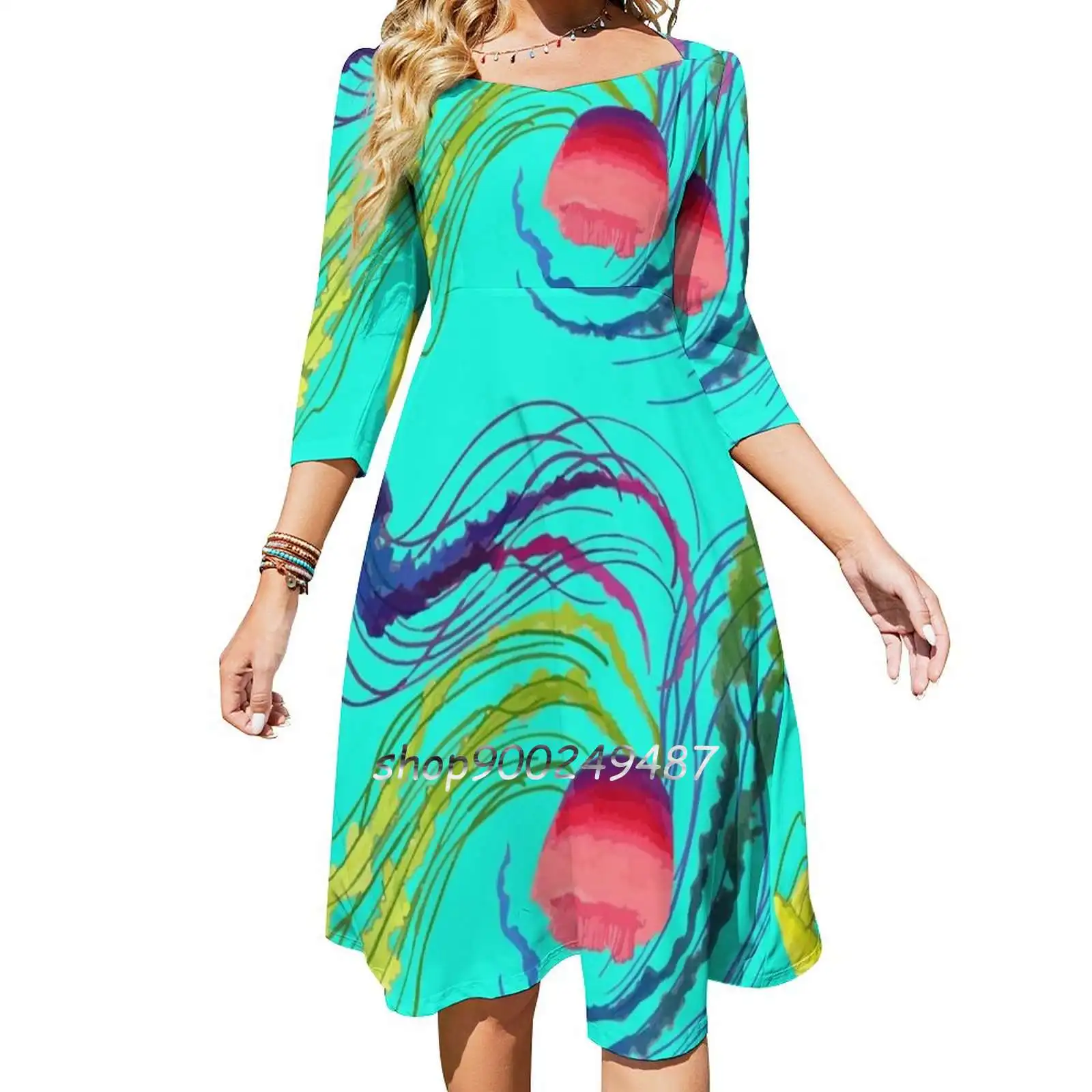 

Jellyfish Square Neck Dress Cute Loose Print Dresses Elegant Beach Party Dress Jellyfish Jelly Fishes Moon Jelly Octopus Octopi