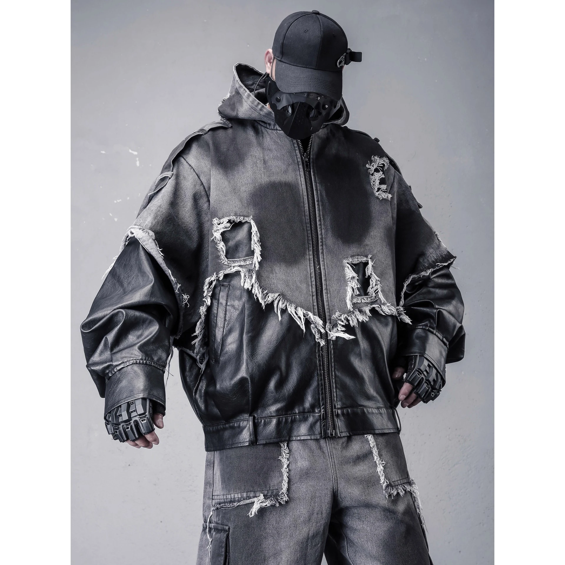 Vintage Distressed PU Leather Patchwork Denim Jacket Hooded Coat