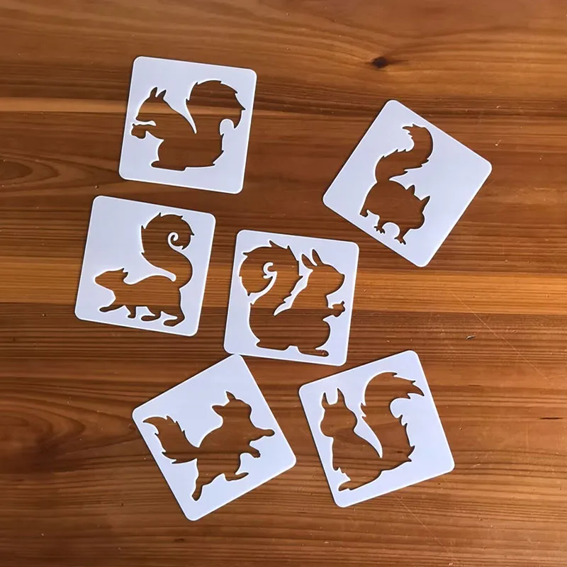 6PCS 9*9Cm 다람쥐 DIY 레이어링 스텐실 벽화 가구 스크랩북 색칠 엠보..