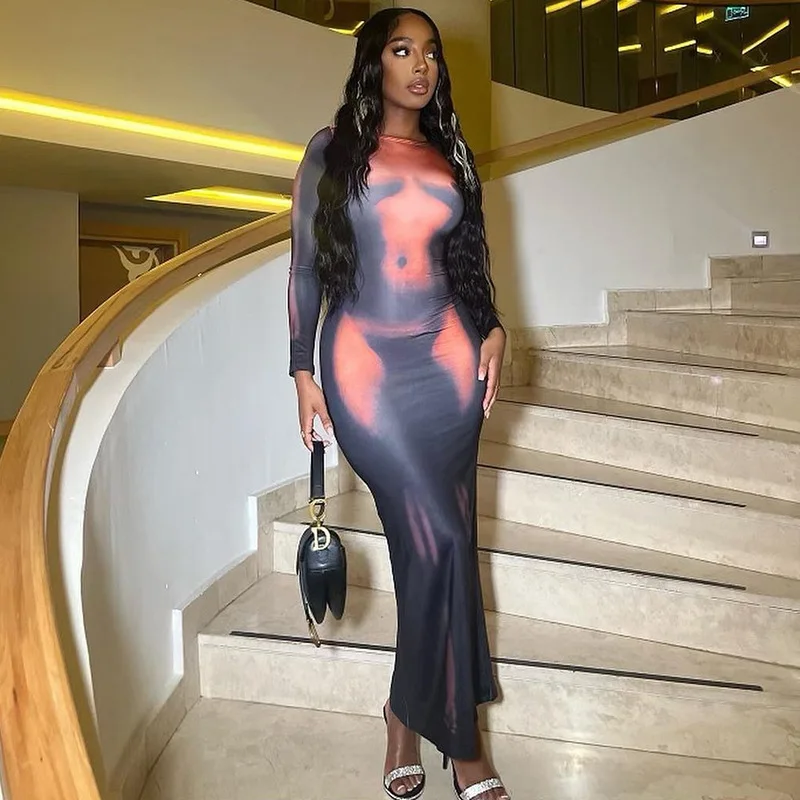 

2023 Women Aesthetic Long Sleeve Unique Sexy Body-Shaping Attirewear Robe Party Clubwear ClothingY2K 3D Body Print Maxi Dress