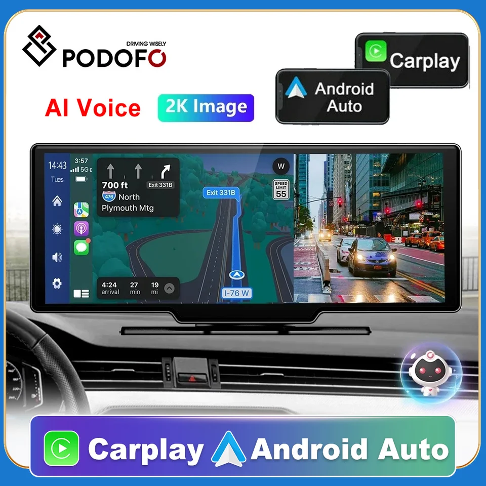 Podofo Car Mirror Video Recording Carplay & Android Auto Wireless