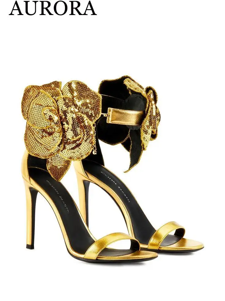 

2023 Summer New Women's Rose-Detail Sequin Sandals Gold Open Toe Stiletto High-Heeled Banquet Shoes Fashion Design Sandals