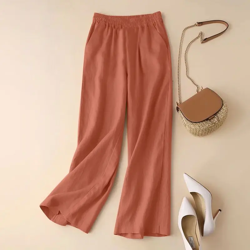 2024 Summer Women's Patchwork Elasticized High-waisted Pocket Fashion Solid Loose Minimalist Casual All-match Straight Pants