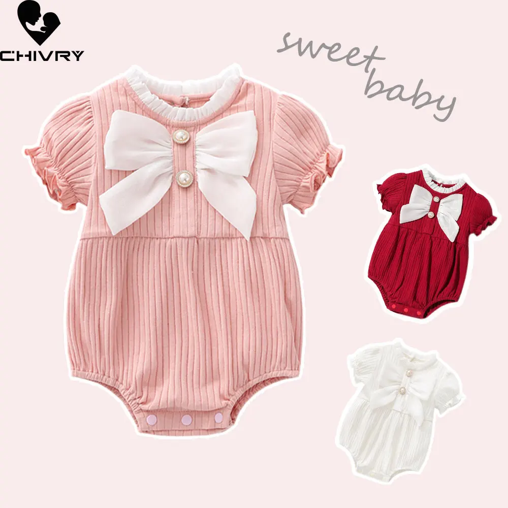 

Newborn Baby Girls Cute Bowknot Cotton Bodysuits Rompers Spring Autumn Short Sleeve Jumpsuit Toddler Playsuit Infant Clothing