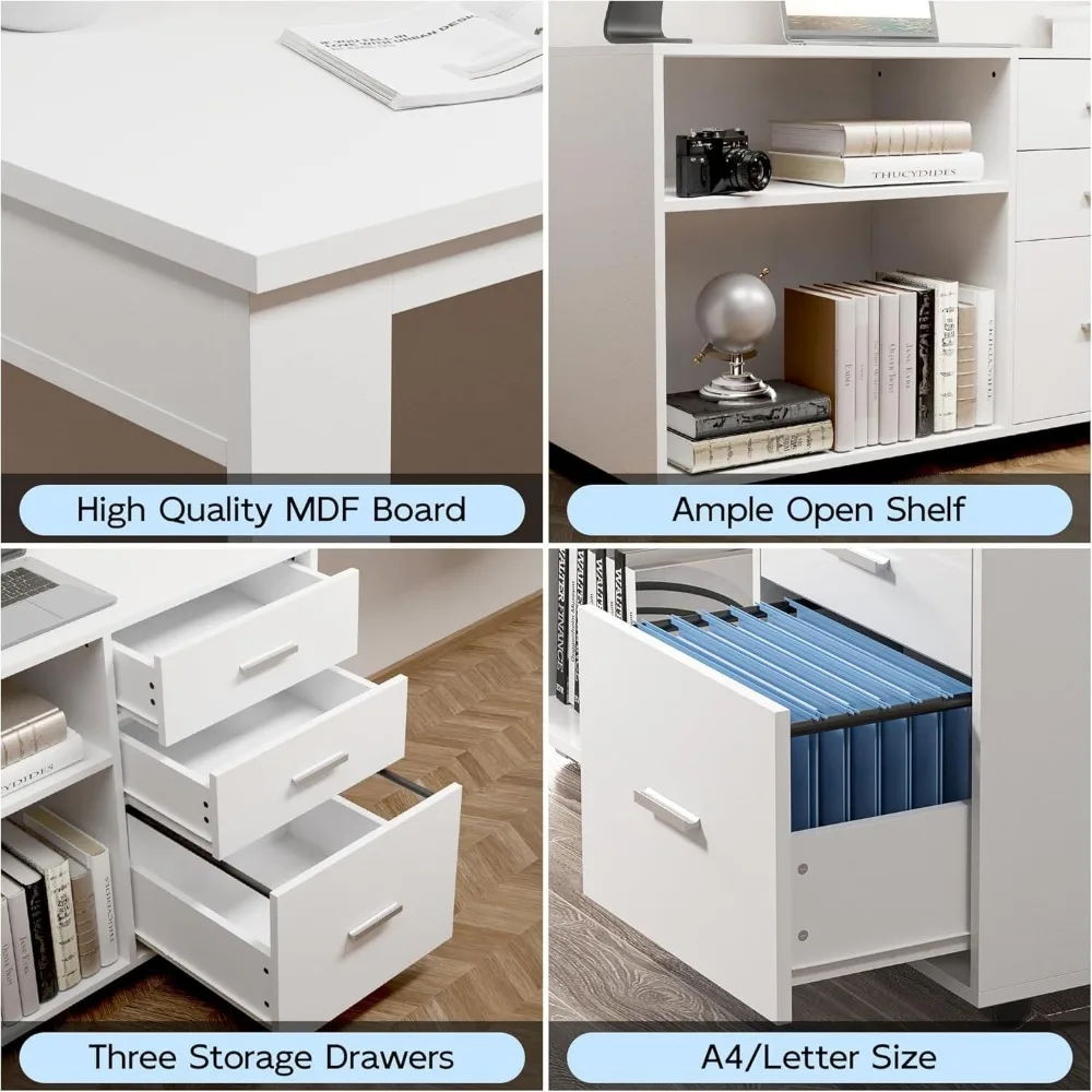 Computer Desk L Shaped, with 3 Drawers and 2 Shelves, Writing Office Table with Storage File Cabinet,with Wheels for Home Office 4