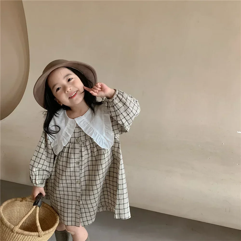 Girls Clothes Casual Dress Spring Autumn Korean Cotton Linen Girls Princess Plaid Dress 2pcs girls dress princess costume