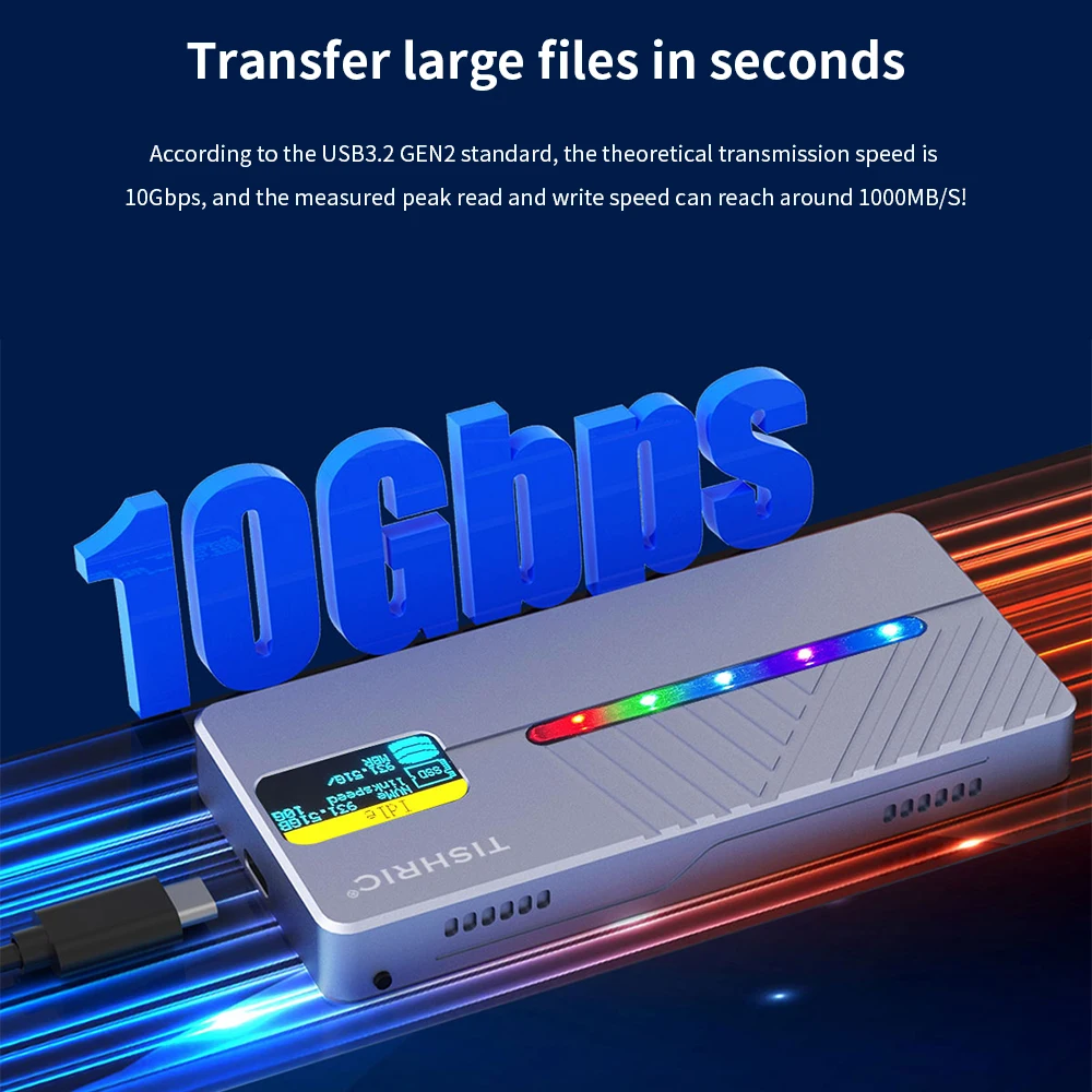 TISHRIC 10Gbps RGB SSD M2 NGFF NVME External Hard Drive Enclosure M2 M/B+M Key To Type C HDD Case With Display Screen For Gaming