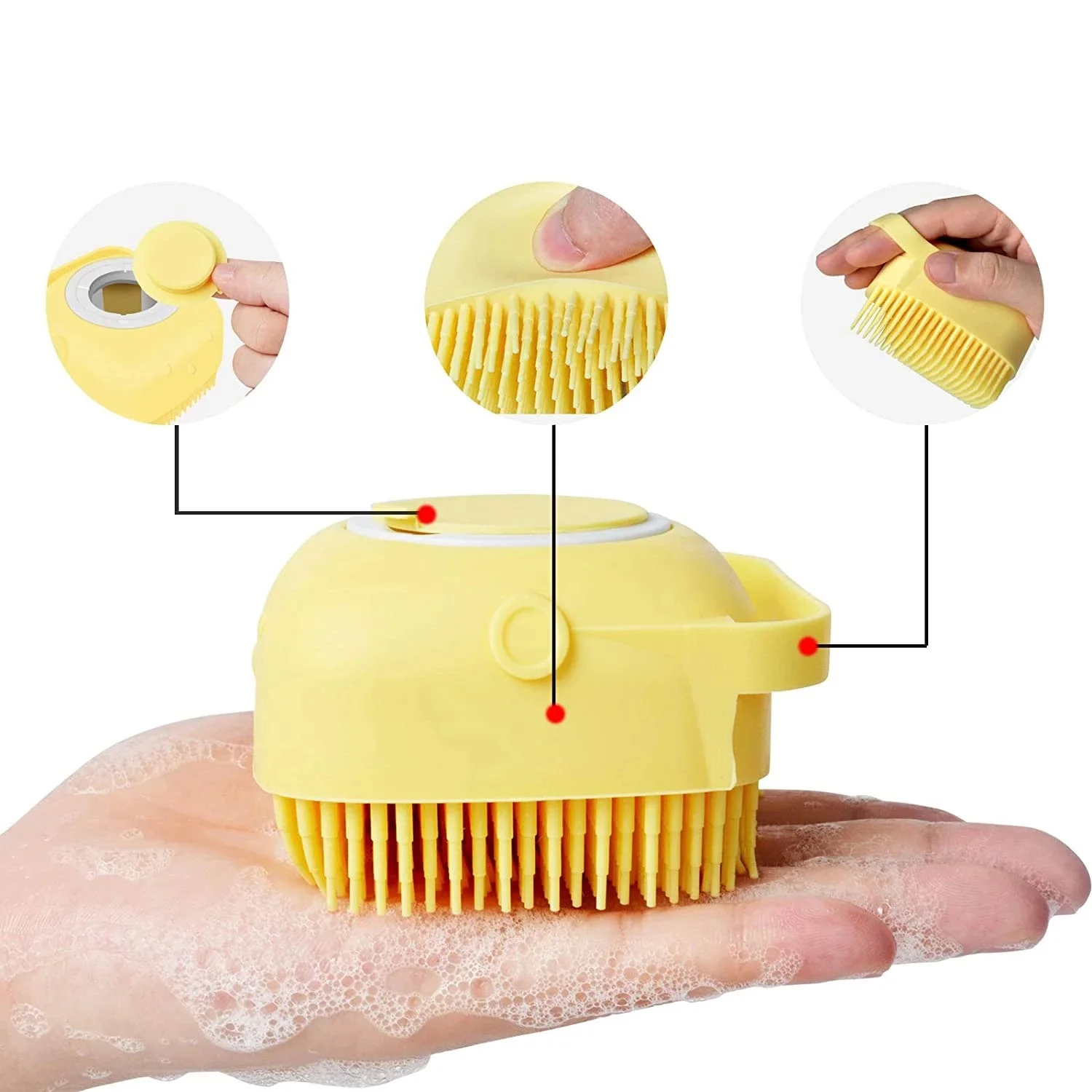 Pet Grooming Shower Brush Shampoo Dispenser Massage Soft Silicone 2in1 self Cleaning Dog Bath Brush