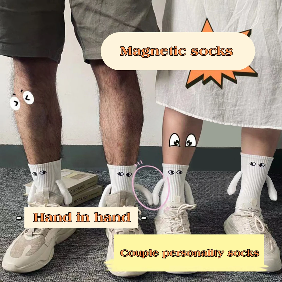 1 Paar Club-Promi-Paar-Socken: Modische, lustige, kreative magnetische Hand-und-Hand-Socken mit schwarz-weißen Cartoon-Augen für Paare – Detail 1