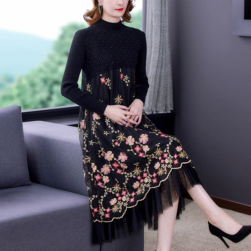 

Autumn And Winter 2022 New Upscale Cardigan Knitting Splicing Mesh Flower Embroidery Dress Black Slim Medium Long Base Skirt