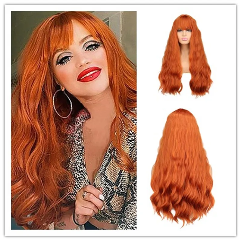 SuQ Women's Long Curly Orange Wig Hair Synthetic Natural Water Wave Cosplay Party Girls Pink Heat Resistant Daily Wigs